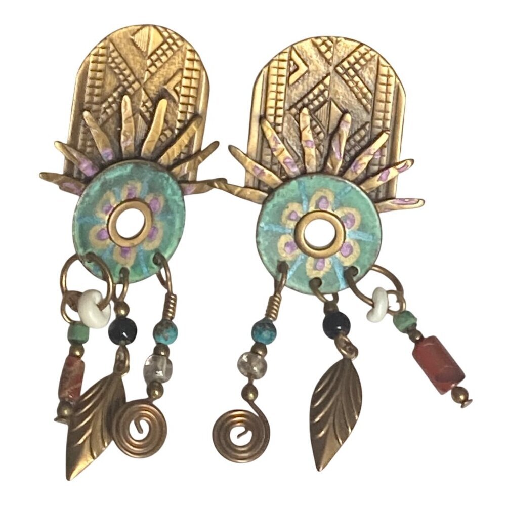 Eclectic Bohemian Brass Painted Dangle Earrings Beaded Accents Artisan